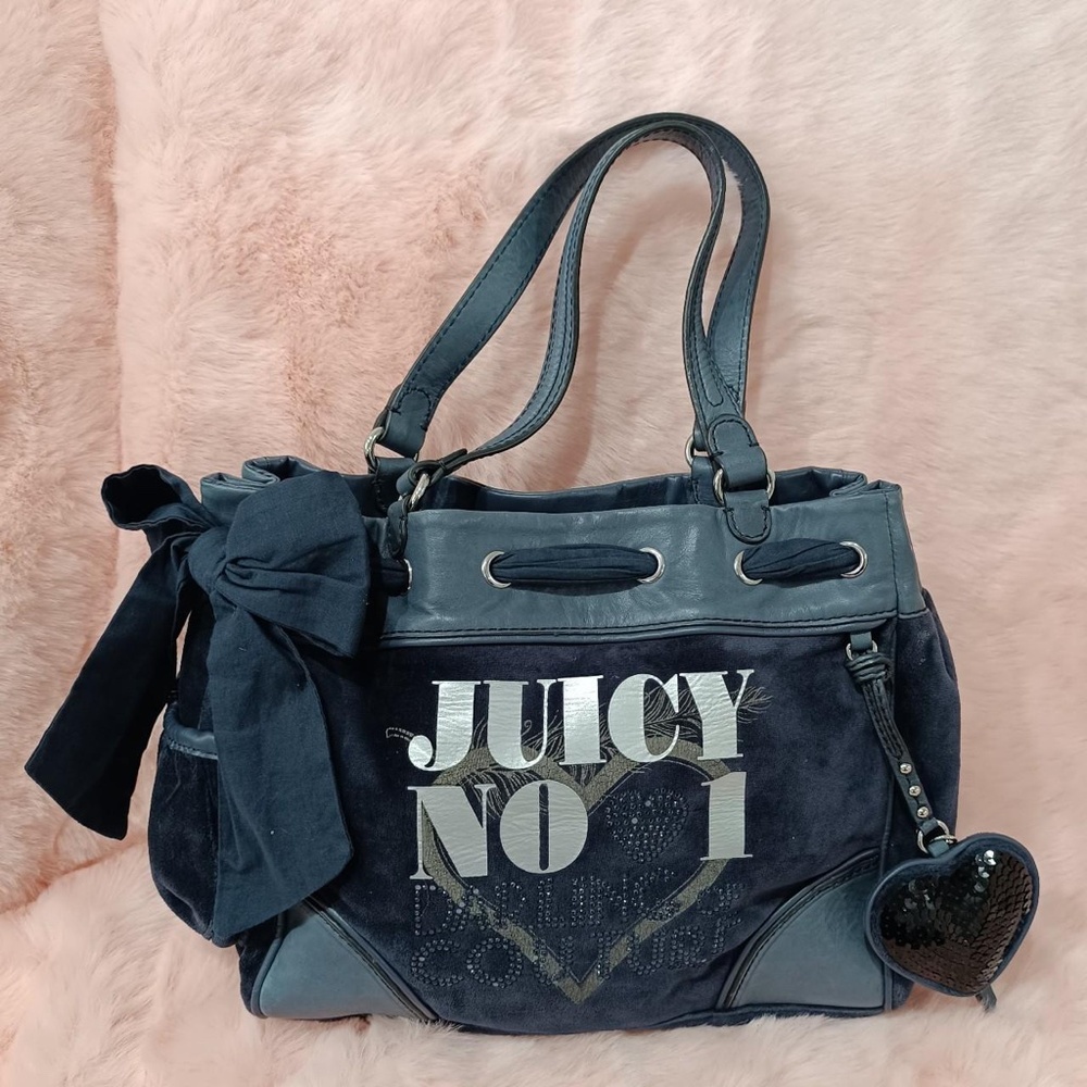 Juicy Couture Daydreamer Tote Bag Purse Blue Velour Ribbon Bow Logo